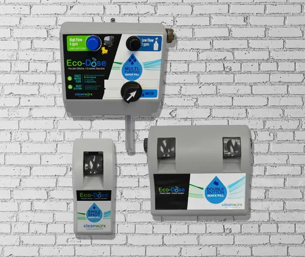 Eco-Dose Single Shot, Double Button and Multi Purpose units mounted on a brick wall