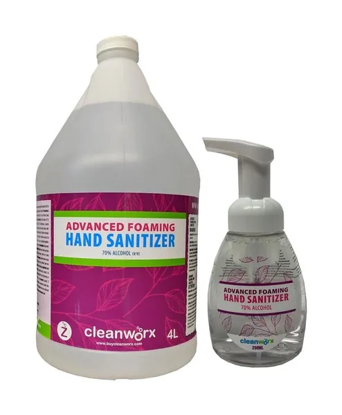 Advanced Foaming Hand Sanitizer 4L jug beside a foaming pump bottle