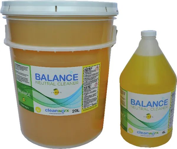 Balance Neutral Cleaner Lemon 20L pail beside a 4L jug