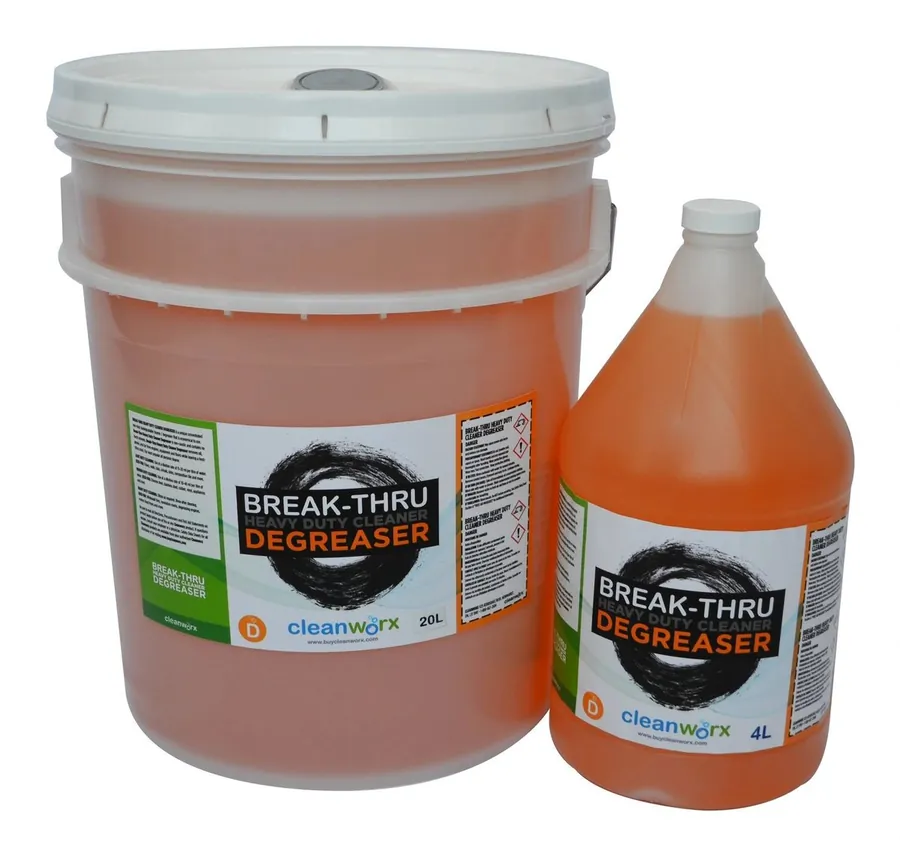 Break-Thru Degreaser 20L pail beside a 4L jug