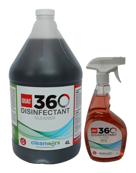 Quat 360 Disinfectant Cleaner 4L jug beside a 1L ready-to-use spray bottle