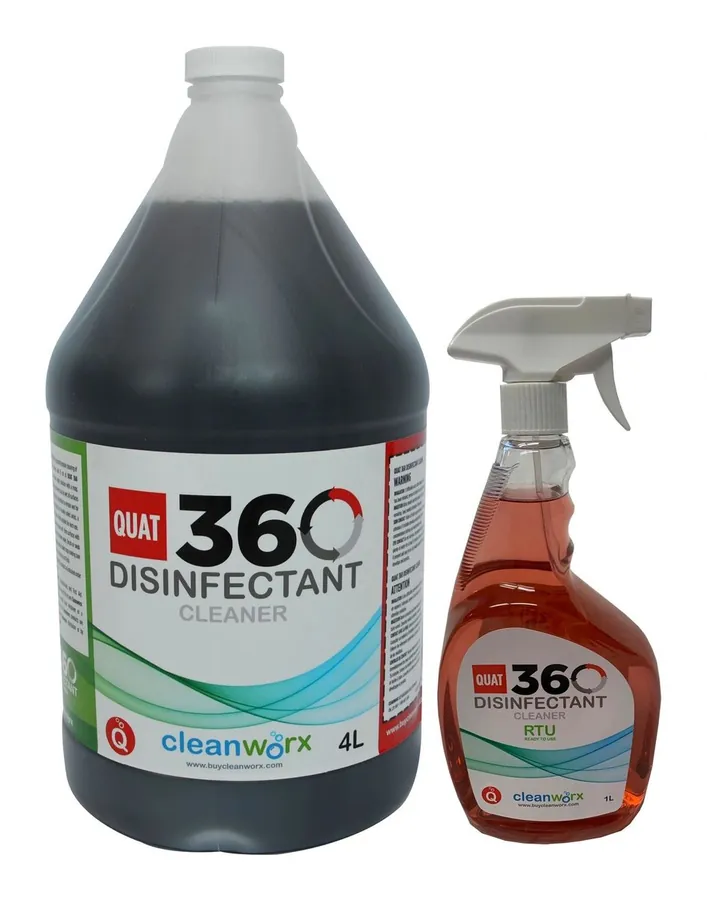 Quat 360 Disinfectant Cleaner 4L jug beside a 1L ready-to-use spray bottle
