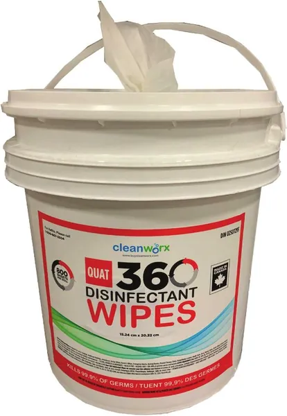 Quat 360 Disinfectant Wipes pail with a wipe pulled through the lid