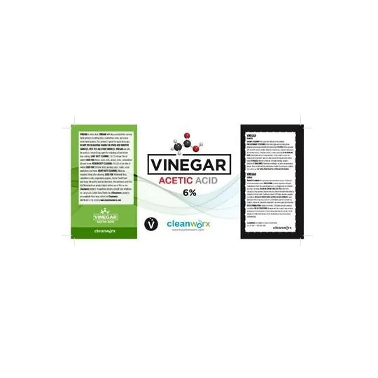 Secondary spray-bottle labels for Vinegar 6% Acetic Acid: the front label with the back and warning panels beside it